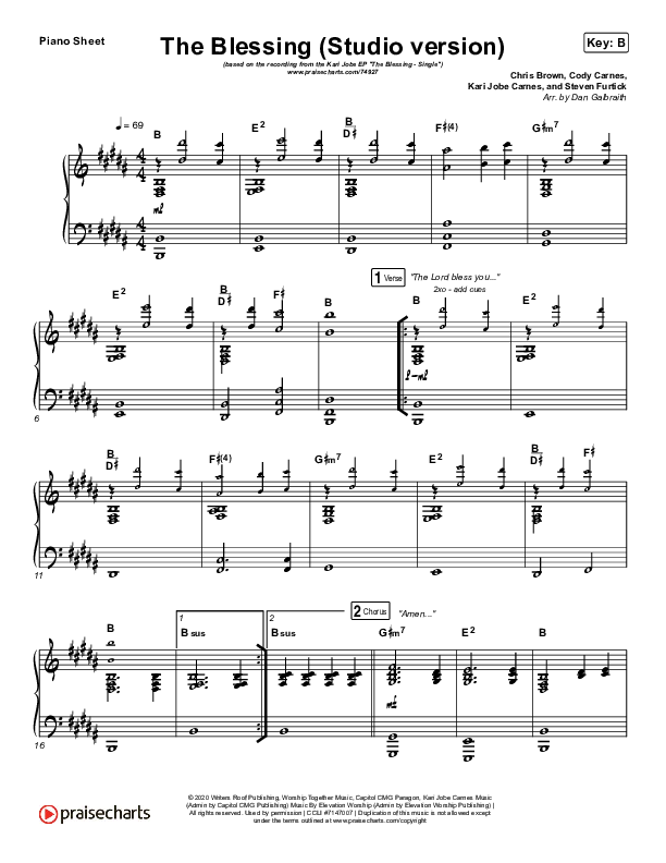 The Blessing (Studio) Piano Sheet (Kari Jobe / Cody Carnes)