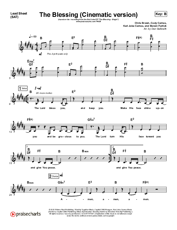The Blessing (Cinematic) Lead Sheet (SAT) (Kari Jobe / Cody Carnes)