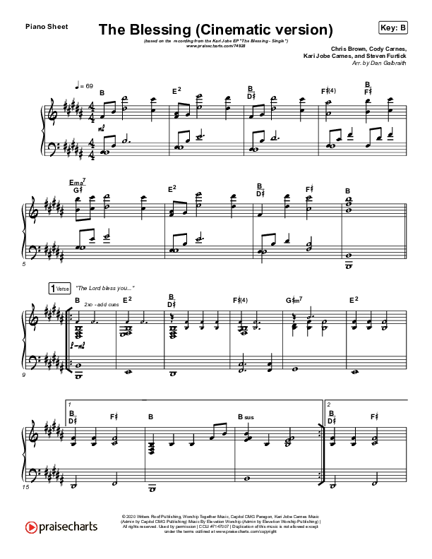 The Blessing (Cinematic) Piano Sheet (Kari Jobe / Cody Carnes)