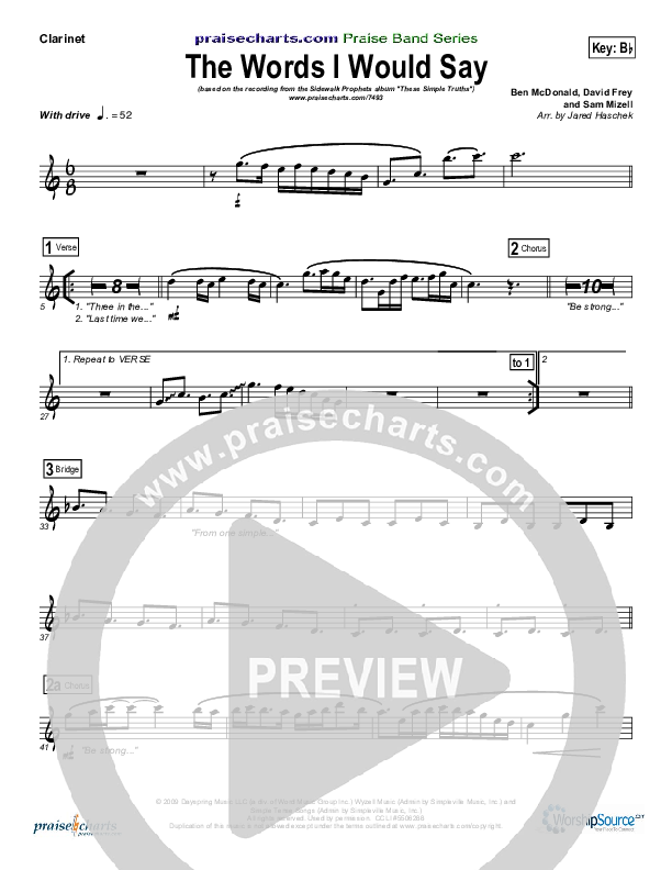 The Words I Would Say Clarinet (Sidewalk Prophets)