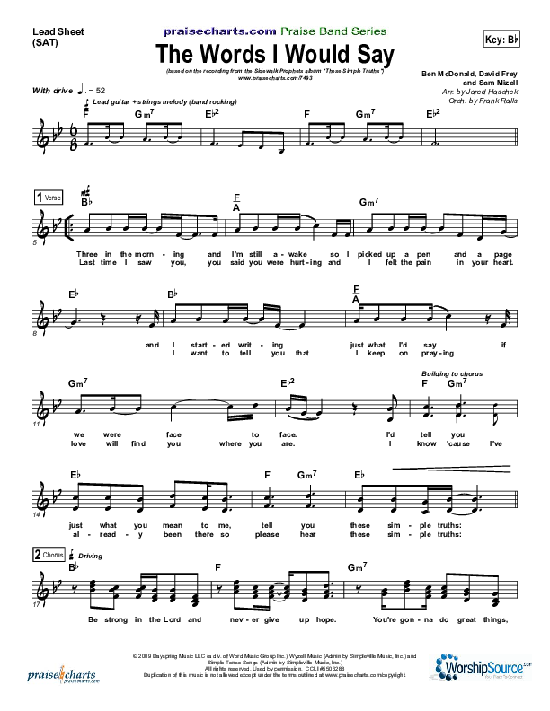 The Words I Would Say Lead Sheet (SAT) (Sidewalk Prophets)