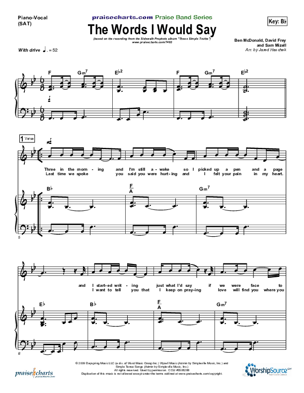 The Words I Would Say Piano/Vocal (SAT) (Sidewalk Prophets)