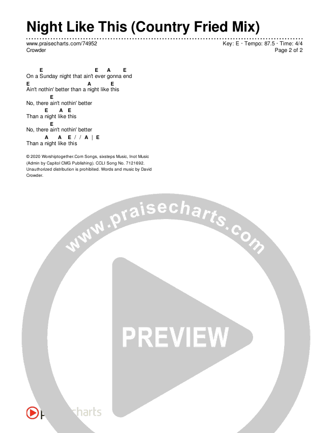 Night Like This (Country Fried Mix) Chords & Lyrics (Crowder)