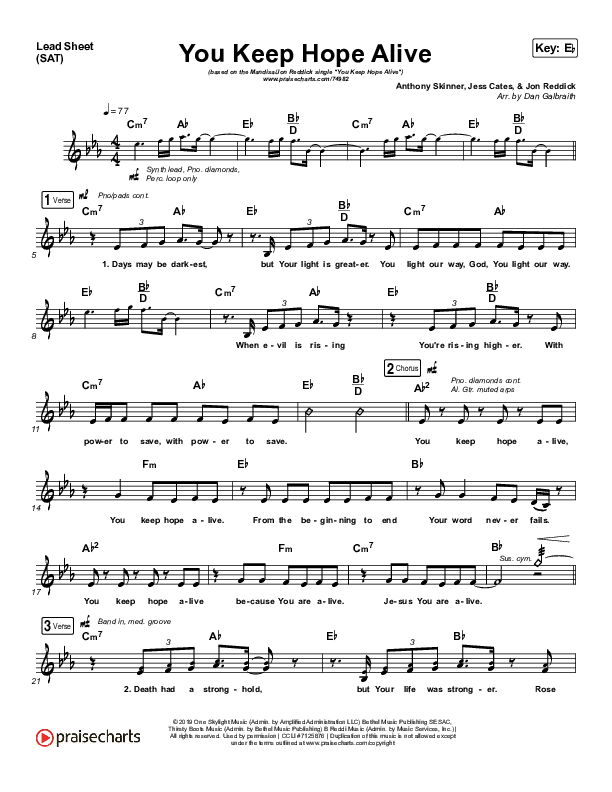 You Keep Hope Alive Lead Sheet (SAT) (Mandisa / Jon Reddick)
