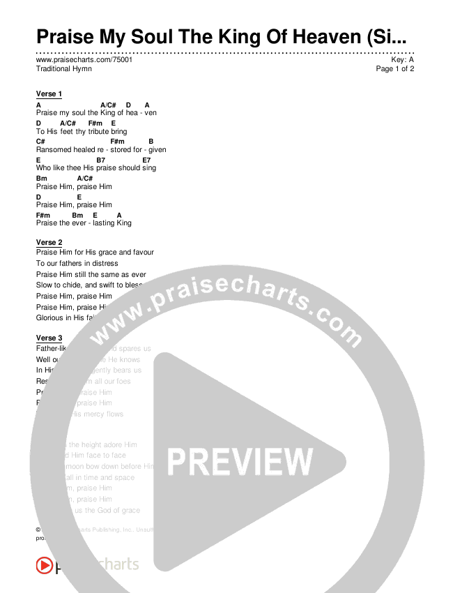 Praise My Soul The King Of Heaven (Simplified) Chord Chart (Traditional Hymn)