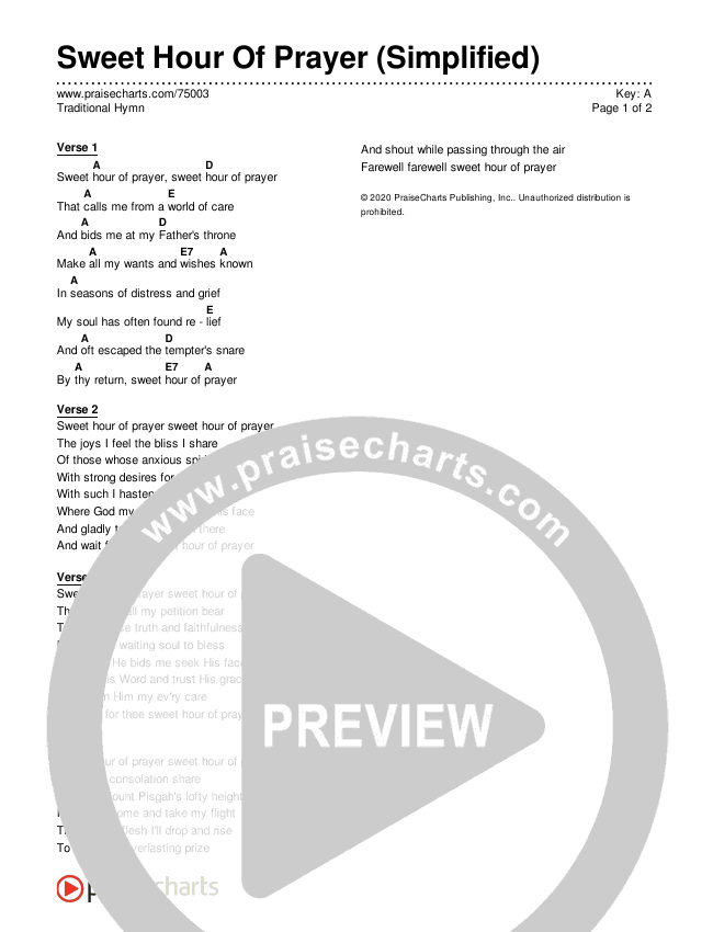 Sweet Hour Of Prayer (Simplified) Chord Chart (Traditional Hymn)