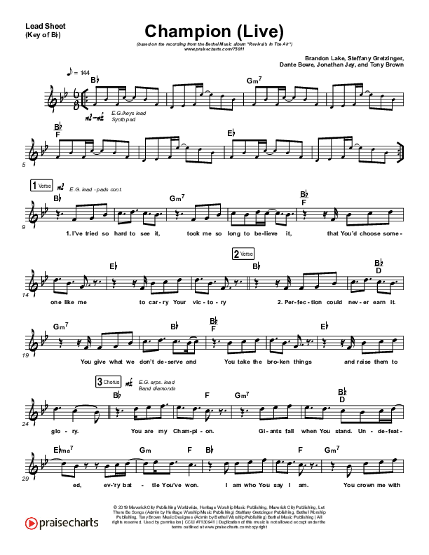 Champion (Live) Lead Sheet (Melody) (Bethel Music / Dante Bowe)
