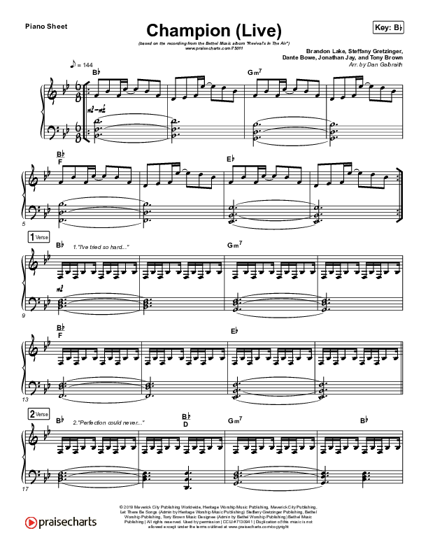 Champion (Live) Piano Sheet (Bethel Music / Dante Bowe)