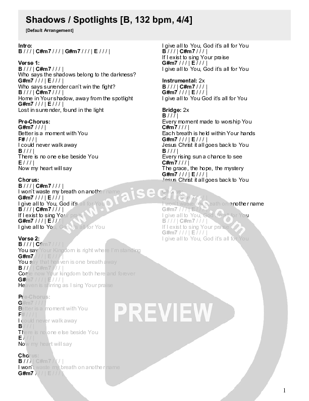 Shadows / Spotlights Chord Chart (River Valley Worship)