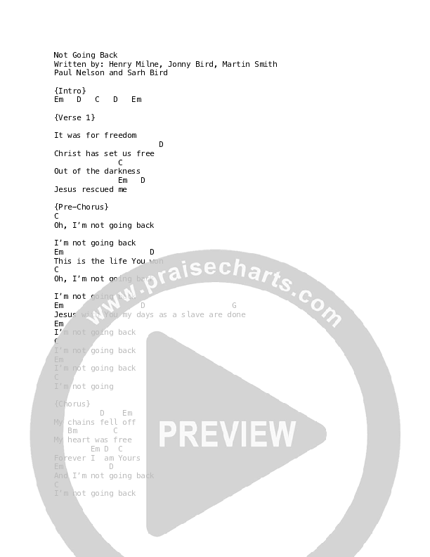 Not Going Back (Live) Chords & Lyrics (Bright City)