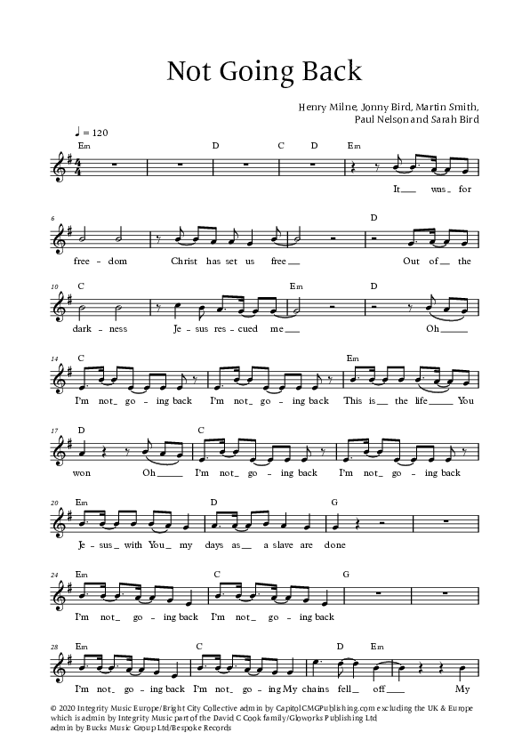 Not Going Back (Live) Lead Sheet (Bright City)