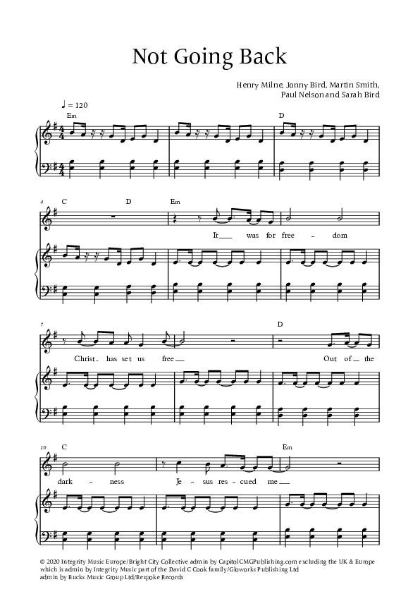 Not Going Back (Live) Piano/Vocal (Bright City)