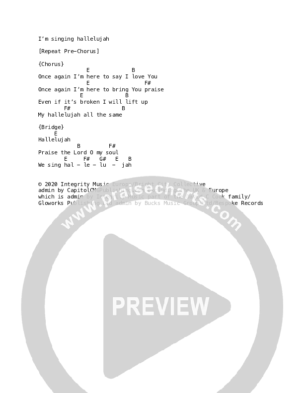 Broken Hallelujah (Live) Chord Chart (Bright City)