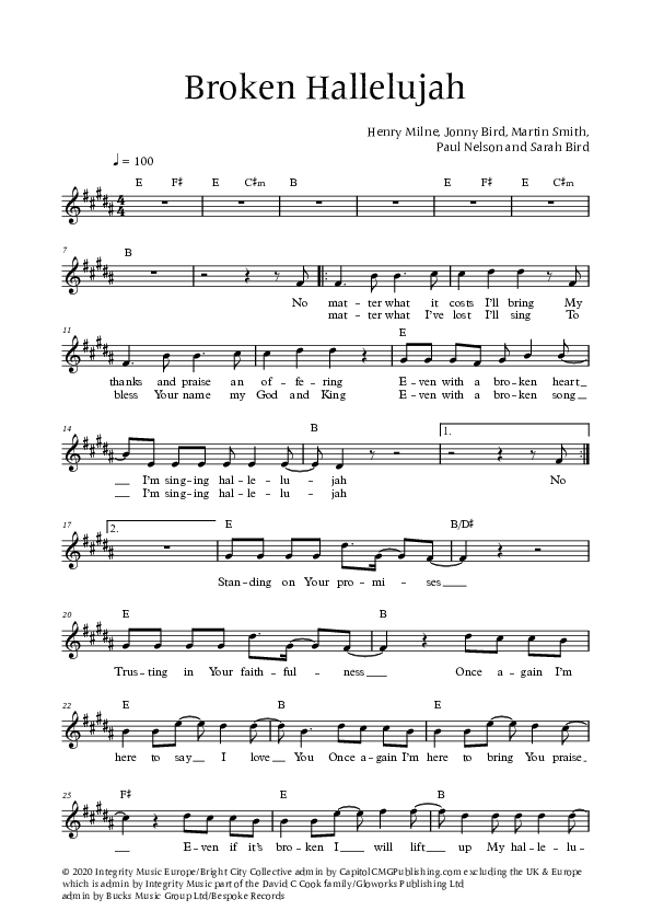 Broken Hallelujah (Live) Lead Sheet (Bright City)