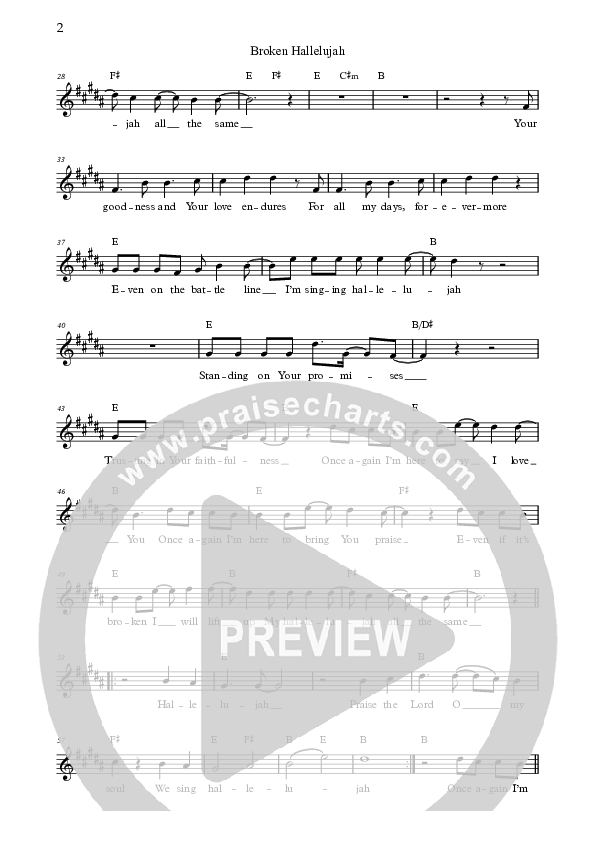 Broken Hallelujah (Live) Lead Sheet (Bright City)