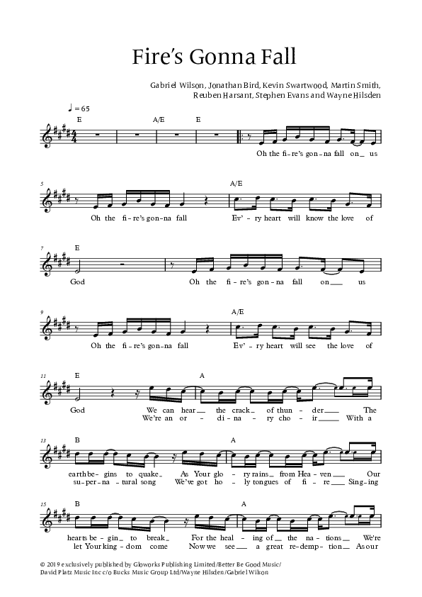 Fire's Gonna Fall (Live) Lead Sheet (Bright City)