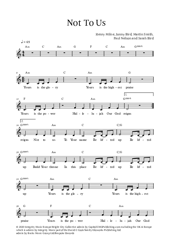 Not To Us (Live) Lead Sheet (Bright City)