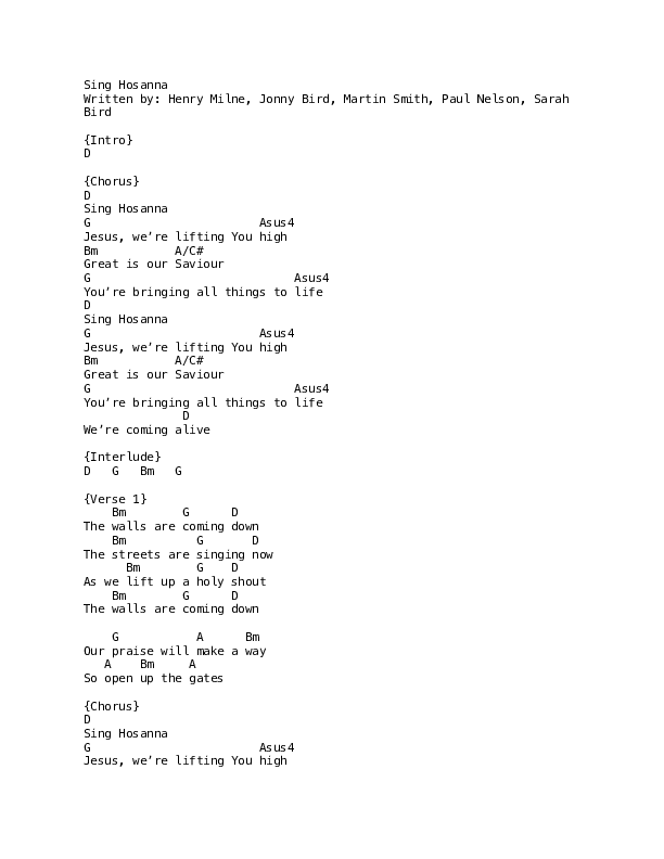 Sing Hosanna (Live) Chord Chart (Bright City)