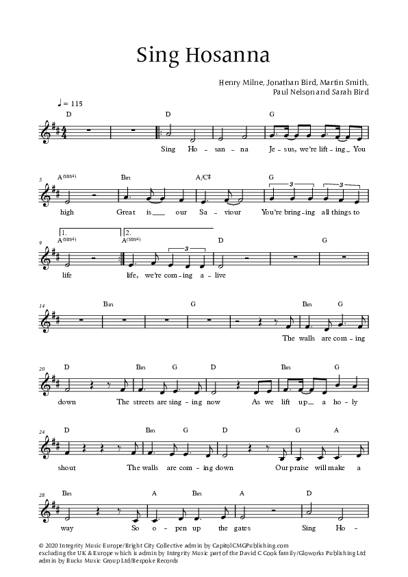 Sing Hosanna (Live) Lead Sheet (Bright City)