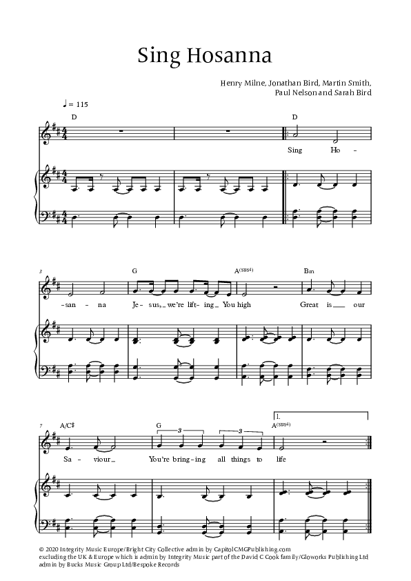 Sing Hosanna (Live) Lead & Piano (Bright City)