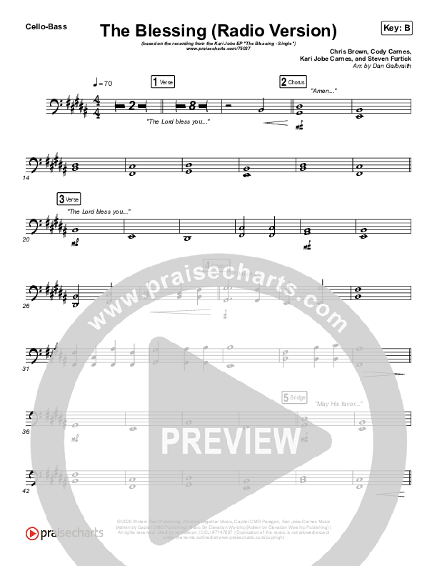 The Blessing (Radio) Cello/Bass (Kari Jobe / Cody Carnes)