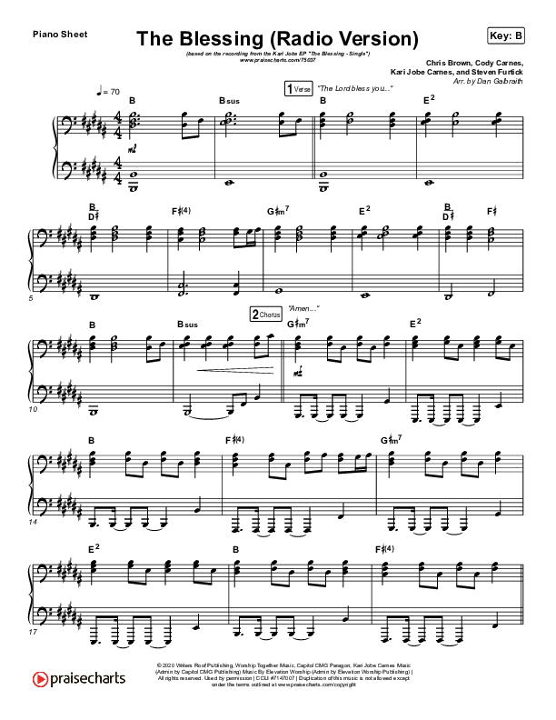 The Blessing (Radio) Piano Sheet (Kari Jobe / Cody Carnes)