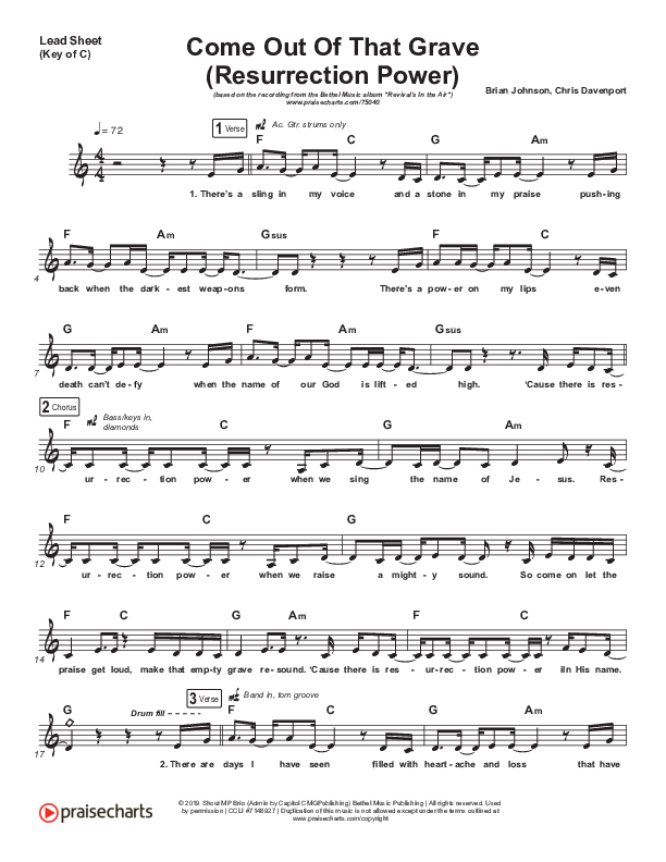 Come Out Of That Grave (Resurrection Power) (Live) Lead Sheet (Melody) (Bethel Music / Brandon Lake)