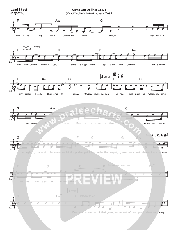 Come Out Of That Grave (Resurrection Power) (Live) Lead Sheet (Melody) (Bethel Music / Brandon Lake)