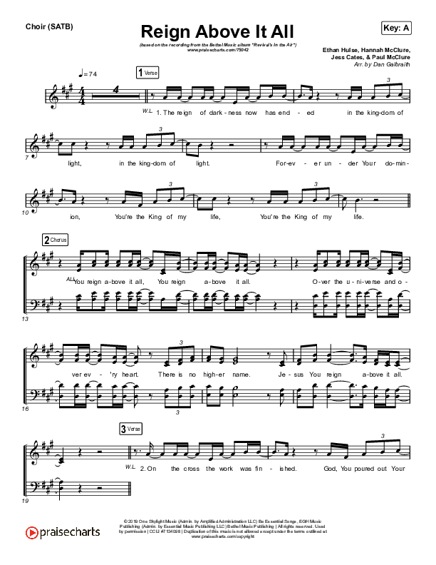 Reign Above It All (Live) Choir Sheet (SATB) (Bethel Music / Paul McClure)