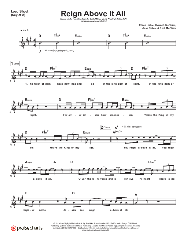 Reign Above It All (Live) Lead Sheet (Melody) (Bethel Music / Paul McClure)