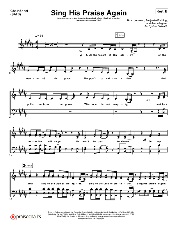 Sing His Praise Again (Oh My Soul) (Live) Choir Sheet (SATB) (Bethel Music / Jenn Johnson)