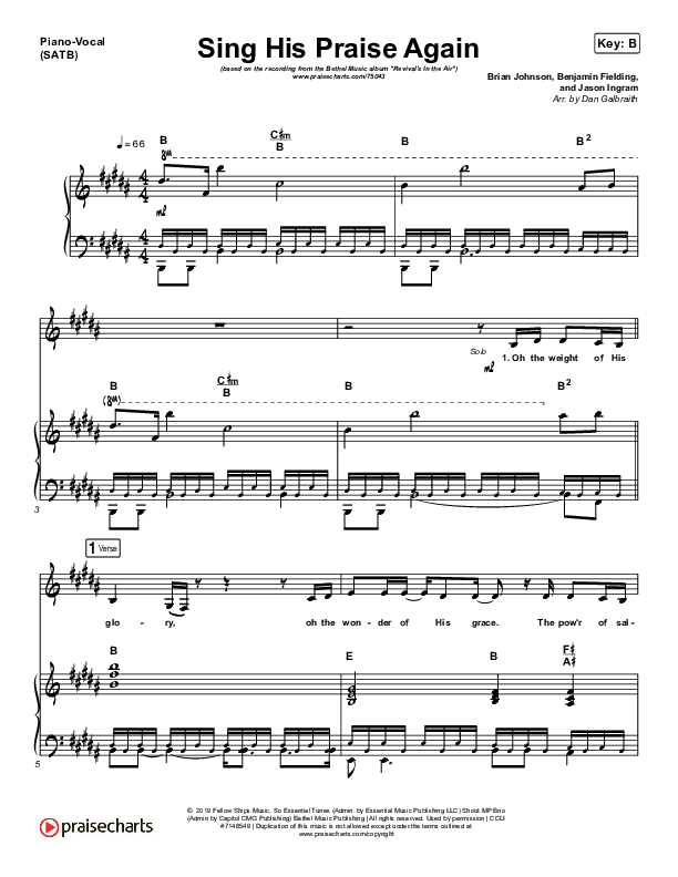 Sing His Praise Again (Oh My Soul) (Live) Piano/Vocal Pack (Bethel Music / Jenn Johnson)