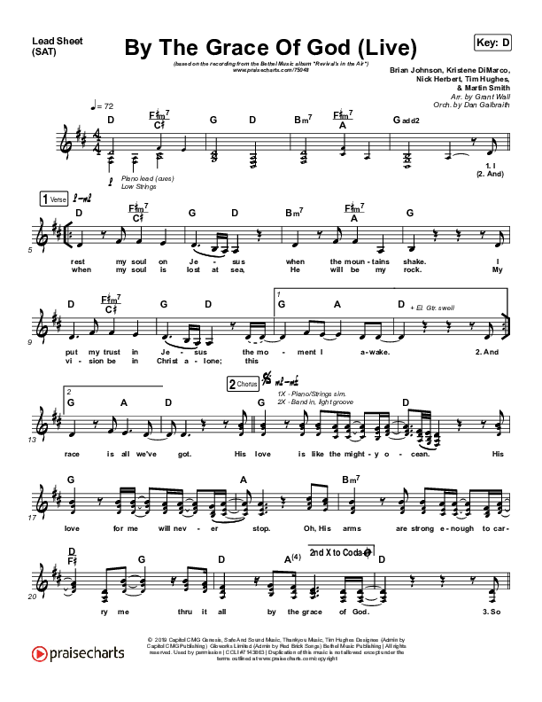 By The Grace Of God (Live) Lead Sheet (SAT) (Bethel Music / Brian Johnson / Jenn Johnson)
