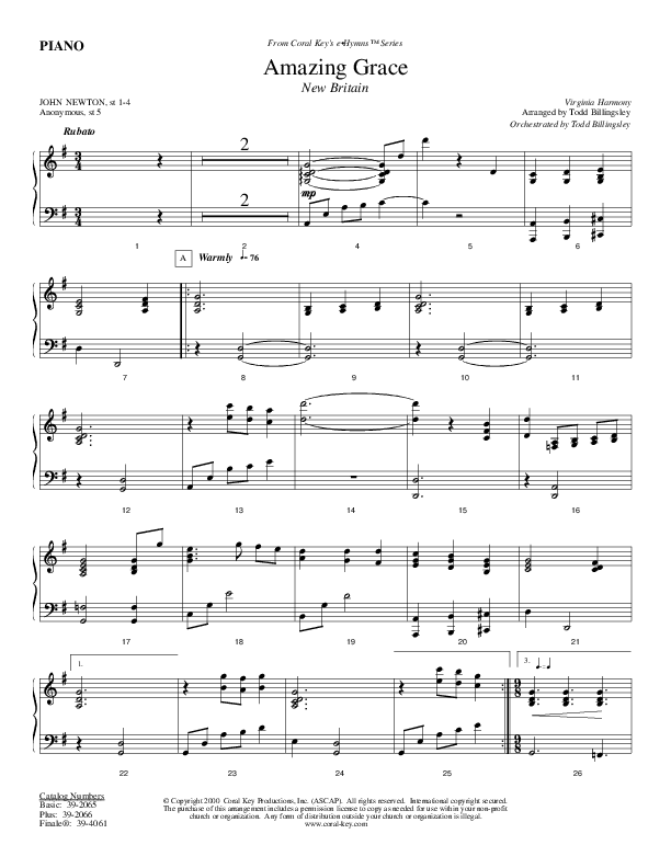 Amazing Grace Piano Sheet (Todd Billingsley)