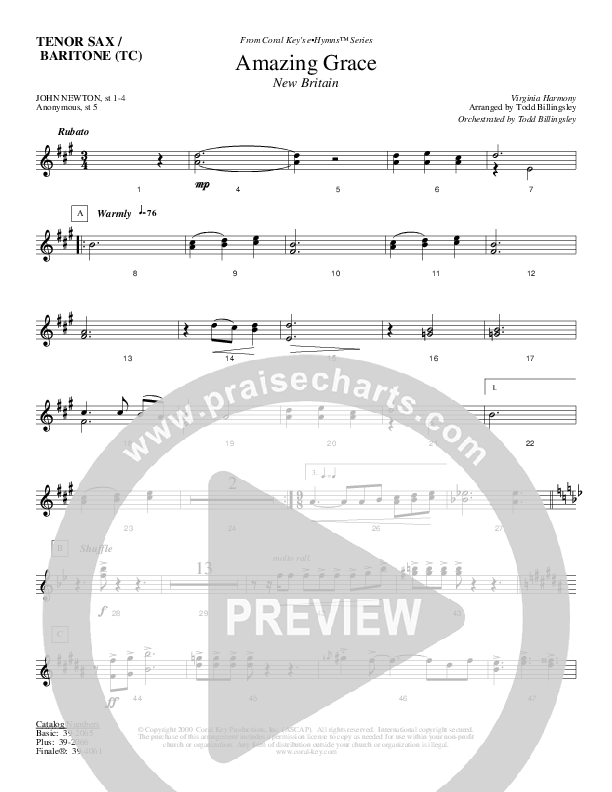 Amazing Grace Tenor Sax/Baritone T.C. (Todd Billingsley)