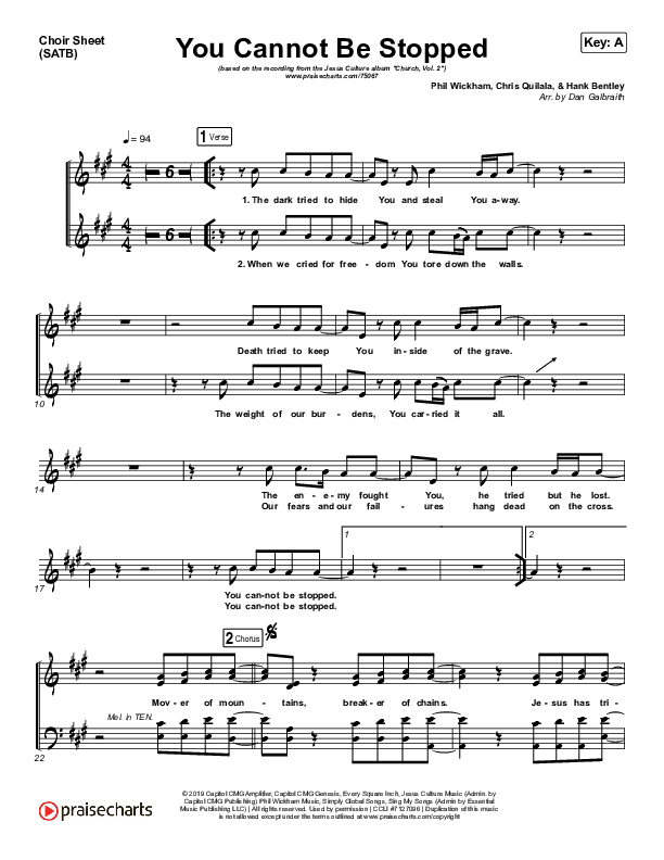 You Cannot Be Stopped (Live) Choir Sheet (SATB) (Jesus Culture / Chris Quilala)