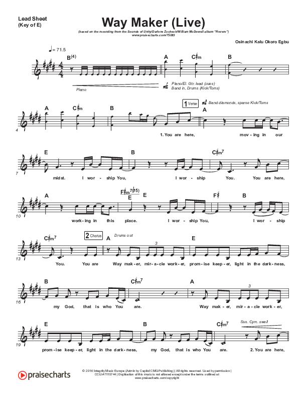 Way Maker (Live) Lead Sheet (Melody) (Sounds Of Unity / Darlene Zschech / William McDowell / REVERE)