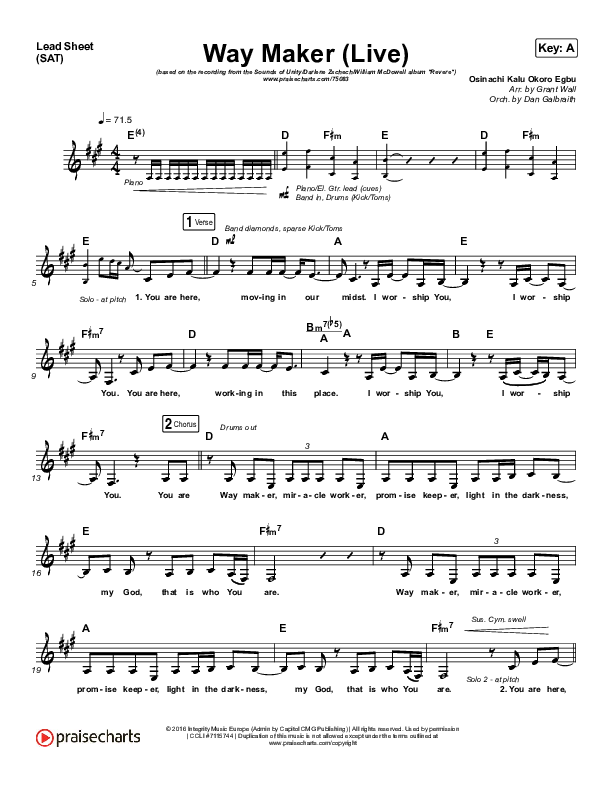 Way Maker (Live) Lead Sheet (SAT) (Sounds Of Unity / Darlene Zschech / William McDowell / REVERE)