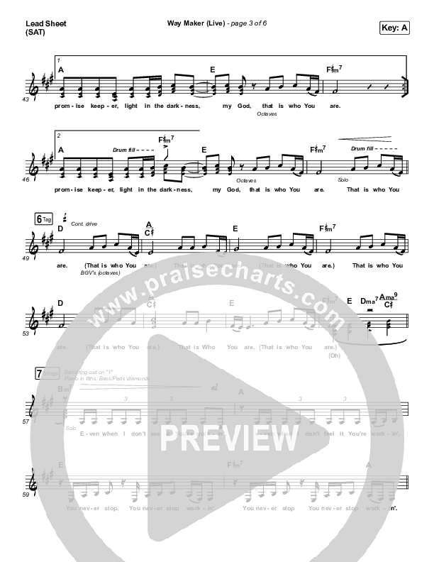 Way Maker (Live) Lead Sheet (SAT) (Sounds Of Unity / Darlene Zschech / William McDowell / REVERE)