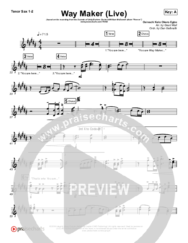 Way Maker (Live) Tenor Sax 1/2 (Sounds Of Unity / Darlene Zschech / William McDowell / REVERE)