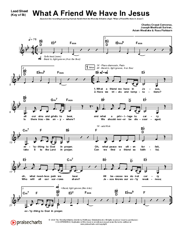 What A Friend We Have In Jesus Lead Sheet (Melody) (Shane & Shane/The Worship Initiative / Hannah Hardin)