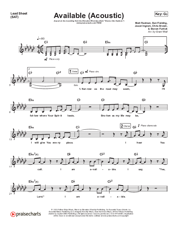 Available (Acoustic) Lead Sheet (SAT) (Elevation Worship)