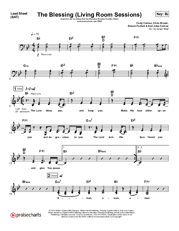 The Blessing (Living Room Sessions) Lead Sheet (SAT) (Elevation Worship / Chris Brown / Tiffany Hammer)