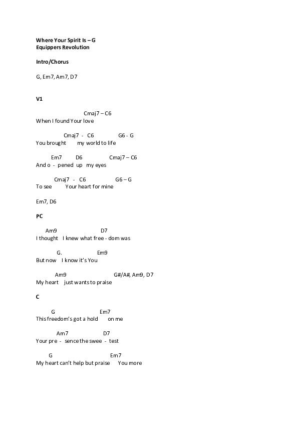 Where Your Spirit Is Chord Chart (Equippers Revolution)