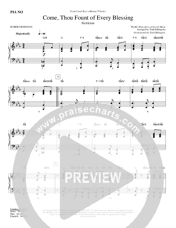 Come Thou Fount Of Every Blessing Piano Sheet (Todd Billingsley)