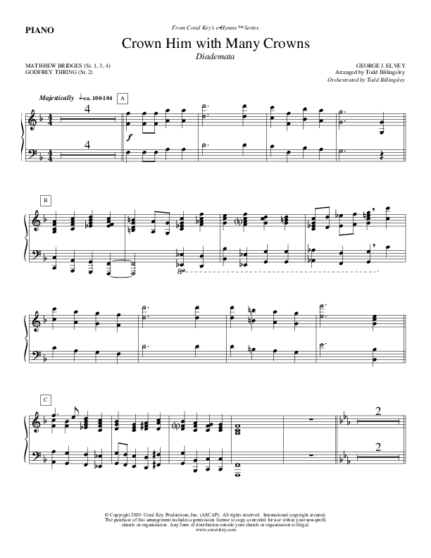 Crown Him With Many Crowns Piano Sheet (Todd Billingsley)