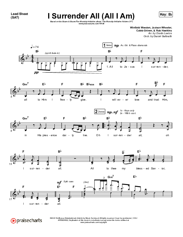 I Surrender All (All I Am) Lead Sheet (SAT) (Shane & Shane/The Worship Initiative)