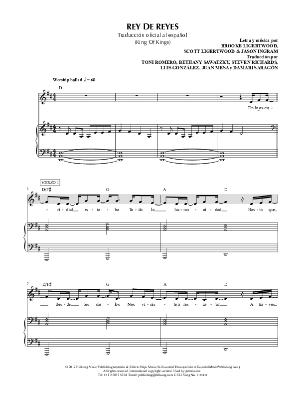 Rey de Reyes (King Of Kings) Piano/Vocal (Hillsong en Espanol / Hillsong Worship)