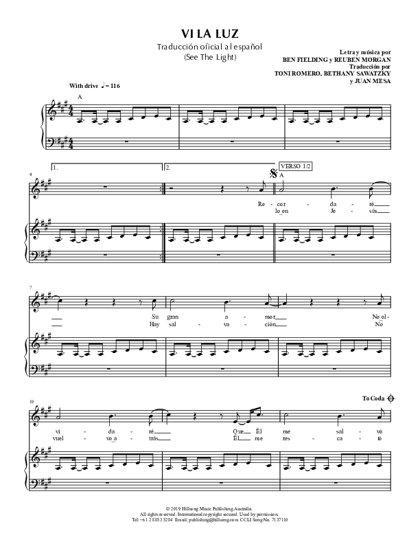 Vi La Luz (See The Light) Piano/Vocal (Hillsong en Espanol / Hillsong Worship)