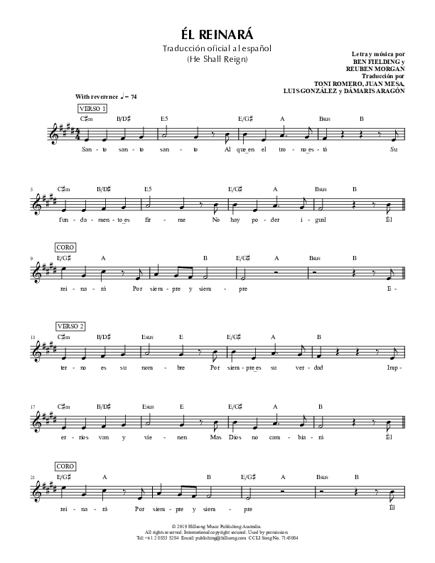 El Reinara (He Shall Reign) Lead Sheet (SAT) (Hillsong en Espanol / Hillsong Worship)